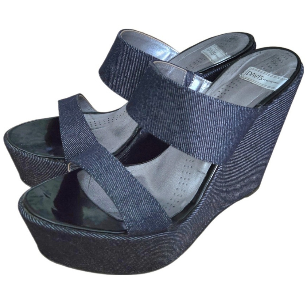 DAVIS by Ruthie Davis TECHNO Dark Blue Denim 2-Band Platform Wedge 9 Fits 8-8.5